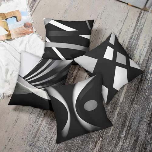 Vista 5 de Emvency Juego de 4 fundas de almohada negras modernas abstractas de rayas grises grises grises y blancas de acrílico llamativo, fundas de almohada