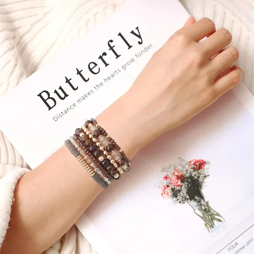 Vista 4 de GOOJIDS - Pulseras de cuentas de arcilla estilo heliosis surfista para mujer, con discos de vinilo y dije de mal de ojo, apilables, pulseras