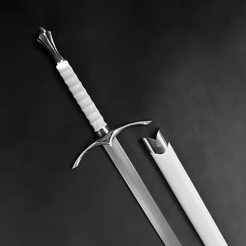 Vista 5 de Espada medieval con una mano, hoja sin brillo. Para colección, regalo, espectáculo, feria, cosplay y LARP (blanco mago)