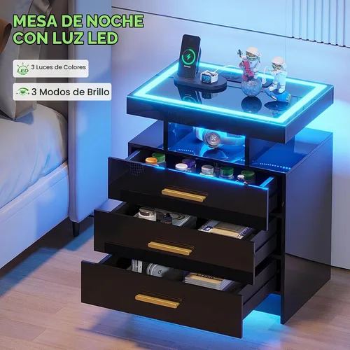 Vista 6 de HNEBC Mesita de noche negra con 3 cajones y estación de carga inalámbrica y negro (91016-1pcs-Black)