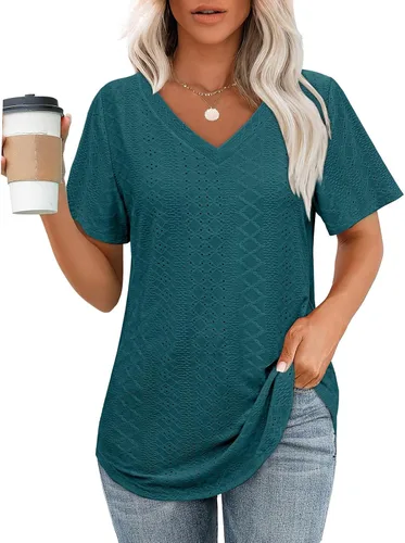 Vista 30 de OFEEFAN Camisetas básicas de manga corta con cuello en V para mujer, ajuste holgado, con dobladillo curvado B-verde