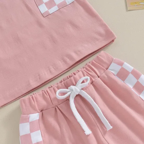 Vista 7 de FOCUSNORM Conjunto de camiseta de manga corta para niña pequeña, camiseta de manga corta, pantalones cortos de ajedrez, ropa de verano para niña