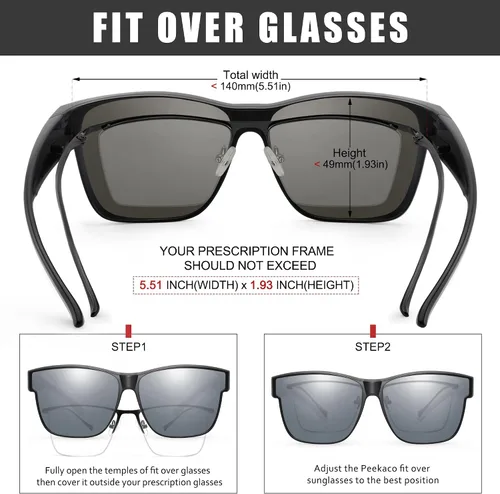 Vista 4 de Peekaco Gafas de sol que se ajustan sobre gafas para hombres y mujeres, lentes de sol polarizados cuadrados ligeros para usar sobre anteojos