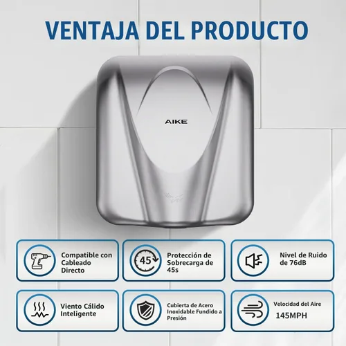 Vista 5 de Secador de manos comercial AIKE Elephant Power de alta velocidad con viento cálido automático, cubierta de acero inoxidable cepillado AC110V-130V