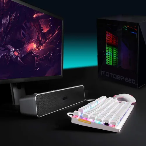Vista 7 de Motospeed Teclado mecánico profesional para juegos RGB retroiluminado con arco iris compacto de 87 teclas con cable para juegos Windows PC