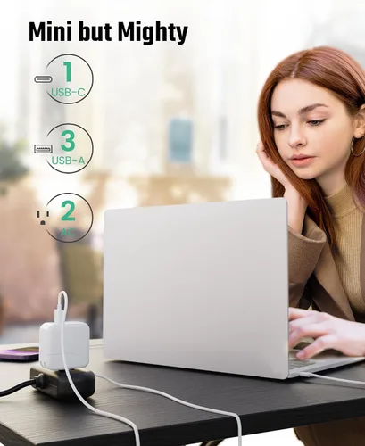 Vista 3 de SUPERDANNY - Cable de extensión de 2 pies, mini protector de sobretensiones con 2 tomas de corriente espaciadas amplias, tira de alimentación USB, 3