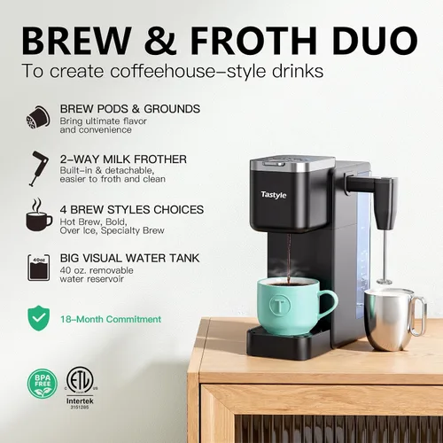 Vista 2 de Tastyle Single Serve Coffee Maker with Built-in Detachable Milk Frother Negro