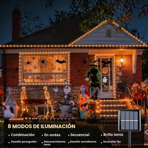 Vista 3 de YEGUO Luces naranjas para Halloween, paquete de 2 cuerdas de 100 luces LED de 33 pies cada uno, 8 modos de luces de hadas en tubo transparente