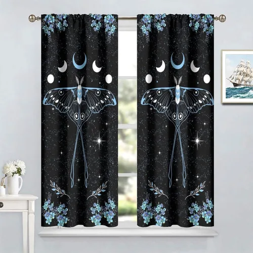 Vista 3 de Cortinas de mariposa de fantasía, polilla, sol, luna, estrella, arte floral, estampado floral, bolsillo para barra, cortinas opacas para ventana
