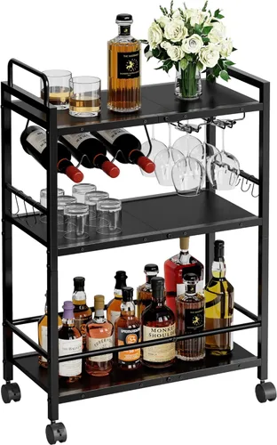 Vista 10 de Carrito de Servicio para Bar Doméstico, Carrito de Servicio con Ruedas y Mango, Carrito de Cocina Rodante de 3 Niveles, Carrito para Microondas