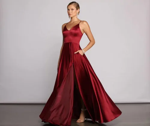 Vista 4 de Vestidos largos de satén para mujer con tirantes delgados formales vestidos de fiesta de noche con abertura