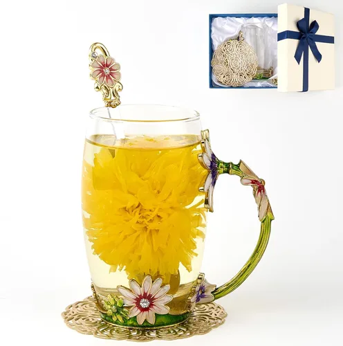 Vista 20 de Taza de té con flores, taza de café de vidrio con mariposa y margarita, con cuchara, caja de regalo para su mamá, esposa, abuela, niñas, amigas