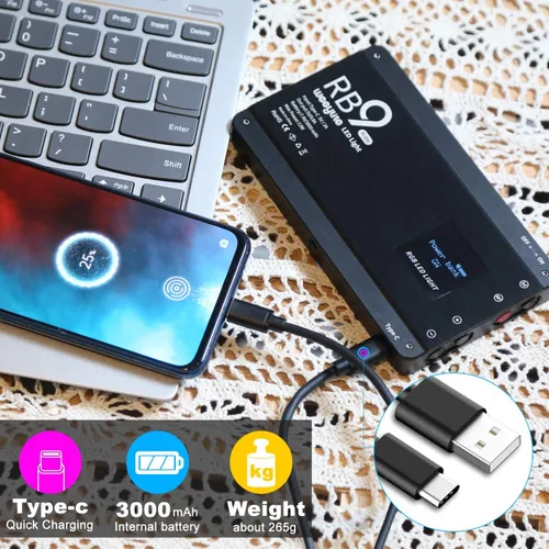Vista 5 de Weeylite RB9 - Luz LED de video RGB portátil con control de aplicación, recargable 2500K-8500K 360° a todo color, 29 efectos de iluminación, panel