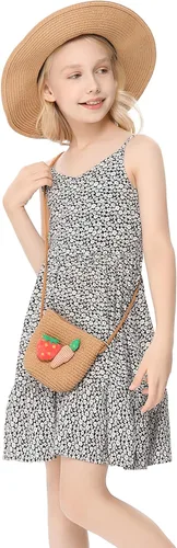 Vista 3 de Girls Vintage Ruffle Hem Slip Dresses Floral Print Swing Knee-Length Summer Sleeveless Dress 3-12 Years