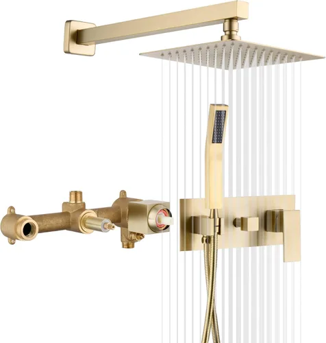 Vista 8 de SUMERAIN Sistema de ducha de lluvia de níquel cepillado con ducha de mano, sistema de cabezal de ducha de equilibrio de presión con válvula áspera