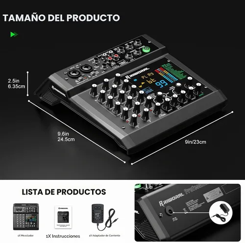 Vista 7 de Mezclador de interfaz de audio de 6 canales, tablero de sonido 99 DSP efectos digitales con interfaz Bluetooth USB Rac de 48 khz/24 bits como