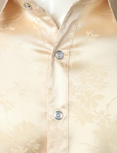 Vista 4 de ZEROYAA Camisas de vestir con botones de manga larga y estampado floral de jacquard rosa satinado brillante para hombre para fiesta de graduación