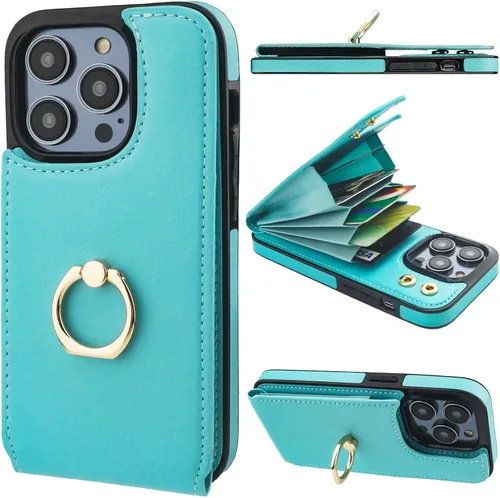 Vista 45 de Folosu Funda tipo billetera compatible con iPhone 14 con soporte para tarjetas, soporte de anillo para dedo con rotación de 360° y función atril
