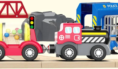 Vista 4 de Accesorios de madera para pistas de tren locomotora a pilas, juguete de tren magnético para niños pequeños, motor potente que celebra el tren, se