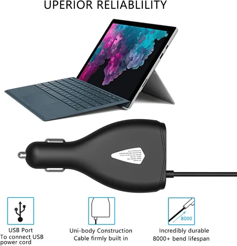 Vista 5 de Surface - Cargador de coche, 70 W, 15 V, 4 A, fuente de alimentación para Microsoft Surface Pro 5/Pro 6/Pro 7/Pro 8/Pro X, Surface Book, Surface Go