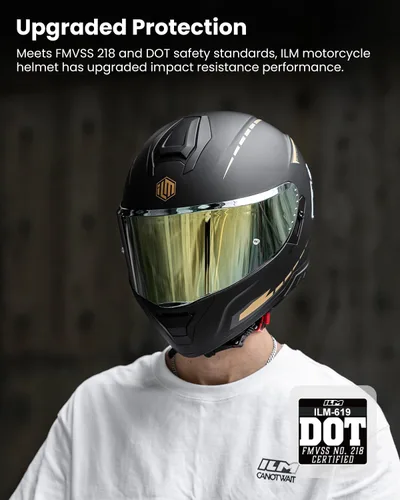 Vista 3 de ILM Cascos de motocicleta de cara completa para adultos, hombres y mujeres, doble visera Powersports Motorbike Street Racing 619 (negro dorado, S)