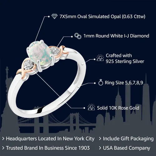 Vista 64 de Gem Stone King Anillo de compromiso de plata de ley 925 y oro rosa de 10 quilates, piedra preciosa ovalada de 0.276 x 0.197 in, con acento