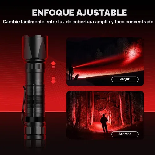 Vista 3 de Linterna de luz roja RECHOO, linternas recargables de LED rojo de 3 modos de alta potencia con clip y cordón, linternas rojas zoomables y portátiles