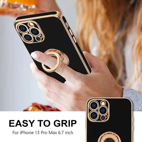 Vista 2 de Hython Funda para iPhone 13 Pro Max con soporte de anillo [soporte de anillo giratorio de 360° con soporte magnético] [borde chapado en oro rosa]