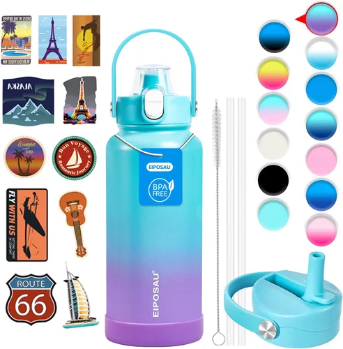 Vista 43 de Botella de agua aislada con tapa, bota y calcomanías, botella de acero inoxidable de 24 onzas, sin sudor, mantiene el frío las 24 horas, botella