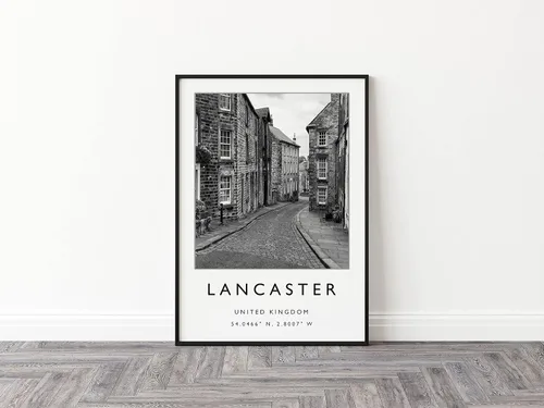 Vista 3 de Lancaster - Póster de viaje de Lancaster Inglaterra, impresión de viaje del Reino Unido, arte de viaje, póster de viaje, blanco y negro #780