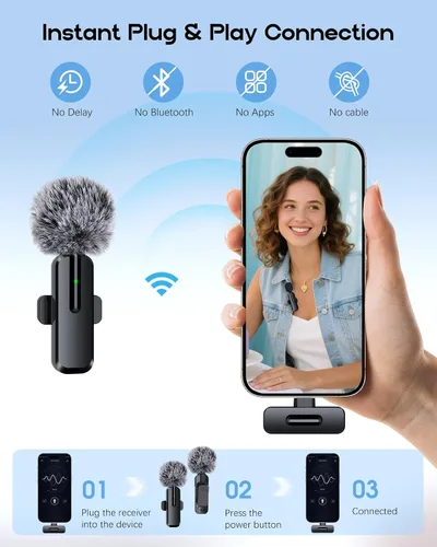 Vista 6 de Mini micrófono inalámbrico para iPhone, paquete de 2 micrófonos Lavalier para grabación de video, micrófono de solapa con reducción de ruido 2 en 1