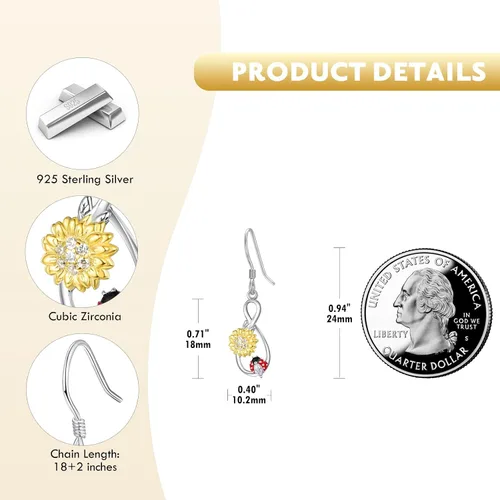 Vista 8 de Dreamboat Sunflower Ladybug Necklace for Women S925 Sterling Silver Sunflower Ladybug Earrings Gold Sunflower Jewelry Gifts for Women Mom Wife