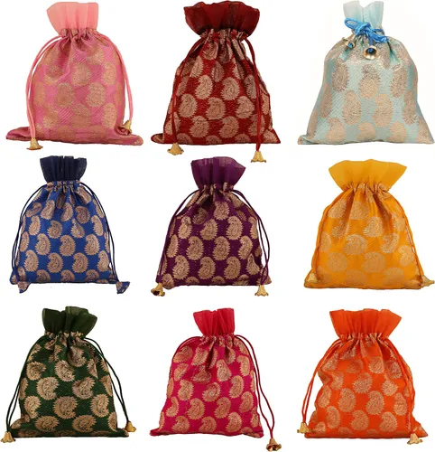 Vista 13 de Touchstone Bolsas de cordón tradicionales indias hechas a mano en tejido brocado con patrón de hojas de ficus. Perfecto para regalos, joyas, bodas