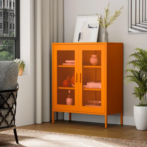 Vista 45 de Gabinete de almacenamiento de metal ancho negro, gabinete de acento de 2 puertas para el hogar y la oficina, gabinete de metal bajo de 2 niveles