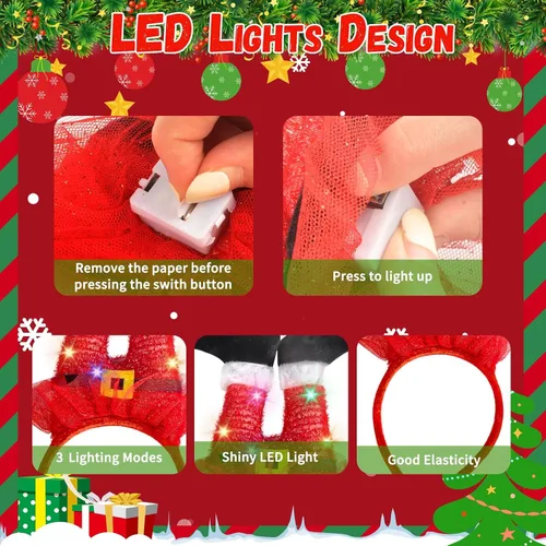 Vista 7 de Tkifoda Diadema de Navidad iluminada, luces LED, gorro de Navidad, sombreros de Navidad, diademas de vacaciones