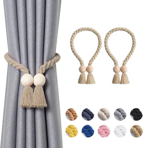 Vista 31 de NICEEC 2 Pack de Alzapaños Magnéticos de Madera en Forma de Cubo Boho para Decoración del Hogar, Alzapaños de Lino Tejidos a Mano para Cortinas Beige