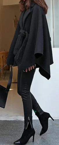 Vista 3 de CHARTOU Elegante chaqueta de capa con cuello de solapa para mujer mezcla de lana lazo y cinturón