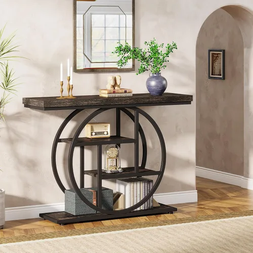 Vista 8 de Tribesigns Mesa de Consola de 41.3", Mesa Industrial de 4 Niveles para Sofá Mesa de Entrada con Base Circular, Mesas de Acento de Madera Estrechas