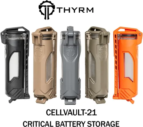 Vista 3 de Thyrm CellVault-21 Estuche de almacenamiento de batería recargable, impermeable, para baterías 21700 para linternas tácticas premium, fabricado