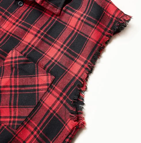 Vista 4 de Camisa sin mangas a cuadros para hombre, camisas vaqueras con botones
