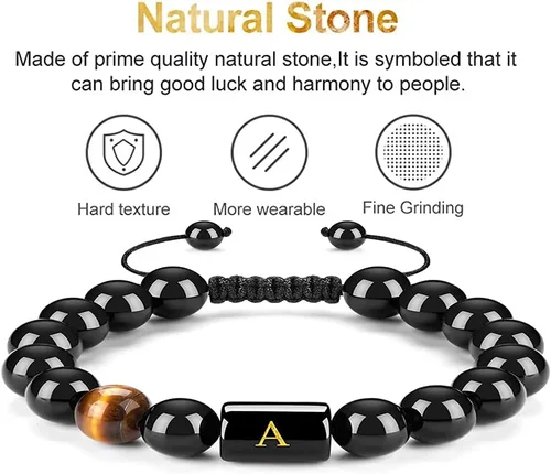 Vista 4 de Apzzic 0.394in A-Z letra inicial natural negro ónix ojo de tigre piedra pulsera alivio del estrés pulsera cuerda trenzada ajustable para hombres