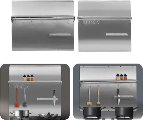 Vista 6 de Protector de pared con protector de pared de acero inoxidable para salpicaduras, con estante de almacenamiento integrado y estante colgante para uso