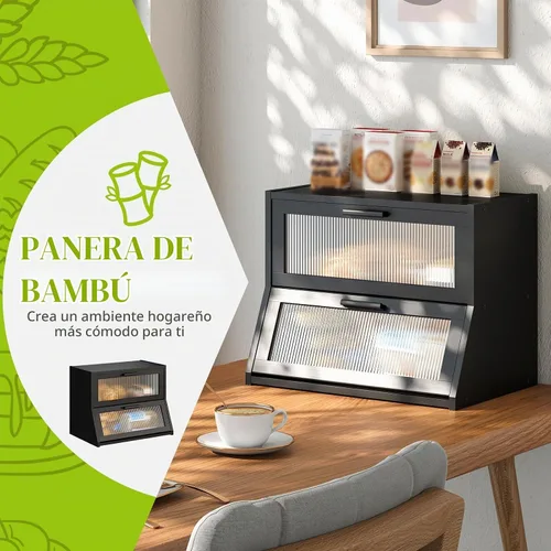 Vista 6 de Panera grande de bambú - Soporte para pan de encimera de doble capa, color negro
