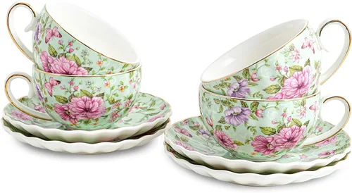 Vista 14 de Agyiuns Taza de té y platillos, tazas de té floral de 6.4 onzas con borde dorado, taza de té de porcelana, tazas de café capuchino espresso con Azul