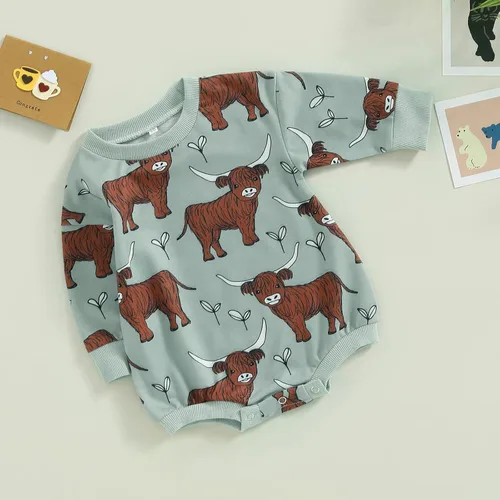 Vista 2 de Traje de vaquero occidental para recién nacido, sudadera con estampado de vaca, de manga larga, traje de otoño