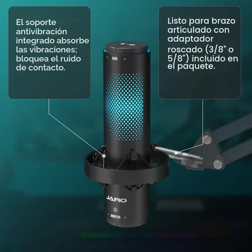 Vista 4 de JARO Micrófono condensador USB con patrón multipolar con cancelación de ruido silenciosa RGB para podcasting, juegos, transmisión, YouTube, Zoom