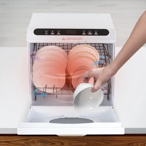 Vista 2 de Lavavajillas de encimera de 900 W con tanque de agua integrado de 7 L, 5 programas y rociador doble de 360°, lavavajillas portátil compacto