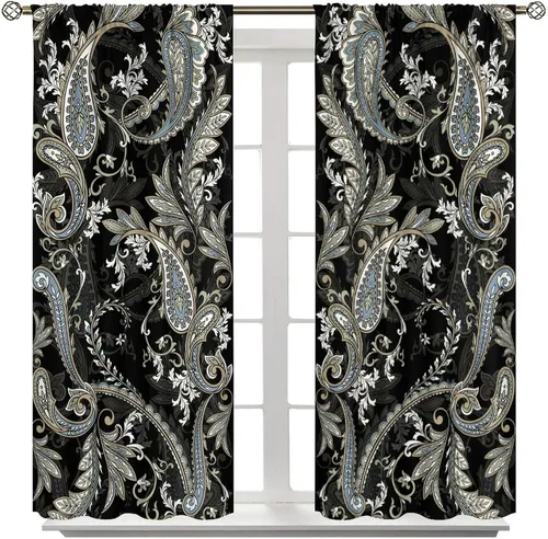 Vista 106 de Cortinas opacas con estampado de flores de cachemira, estampado de cachemira sobre fondo blanco, para decoración del hogar, cocina, restaurante