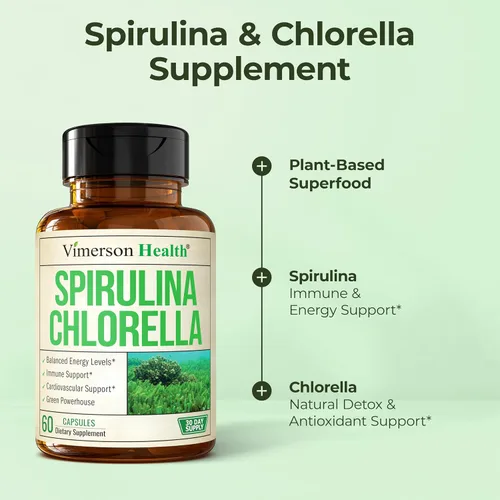 Vista 5 de Cápsulas orgánicas de espirulina y clorella, cápsulas de espirulina con polvo de clorella para apoyo inmunológico, antioxidante y energético.