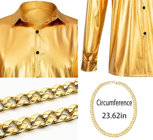 Vista 6 de TOGROP Disfraz de discoteca de los años 70 para hombre, conjunto de camisas doradas de lentejuelas para adultos, cosplay para fiesta de Halloween